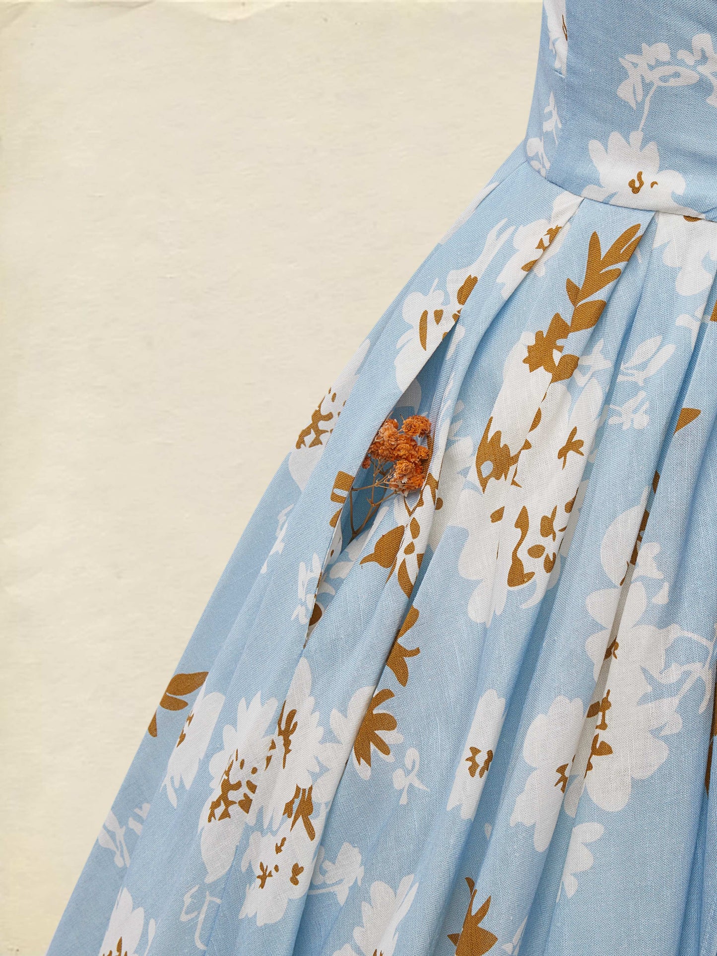 (TAILLE:TP-TTG) Robe Midi en Lin, Sans Manches, Col Rond, Fleuri, Poches, Vintage, Bleu