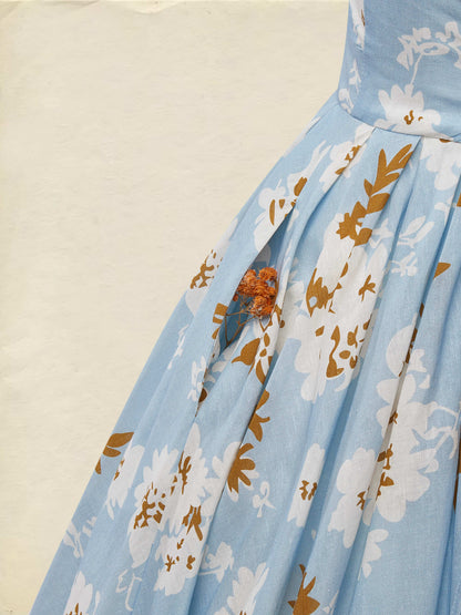 (TAILLE:TP-TTG) Robe Midi en Lin, Sans Manches, Col Rond, Fleuri, Poches, Vintage, Bleu
