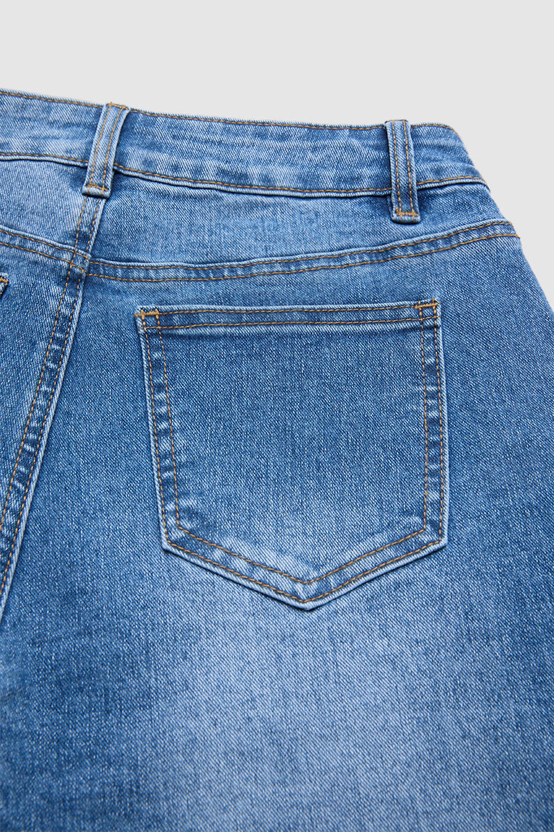 Wash Floral Embroidery Scallop Trim Mid Waist Wide Leg Jeans Without Belt