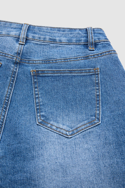 Wash Floral Embroidery Scallop Trim Mid Waist Wide Leg Jeans Without Belt