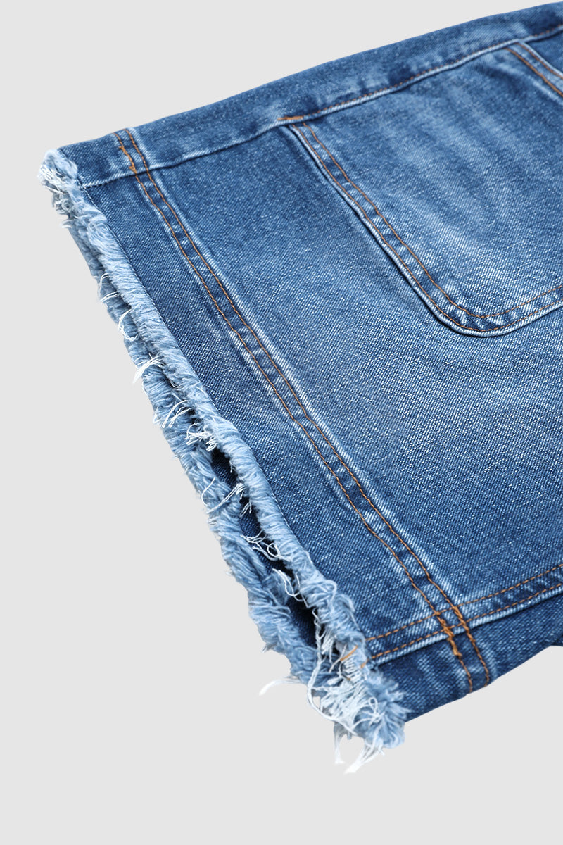 Wash Raw Hem Patch Pocket Mid Rise Denim Shorts