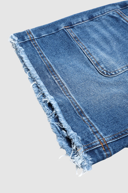 Wash Raw Hem Patch Pocket Mid Rise Denim Shorts