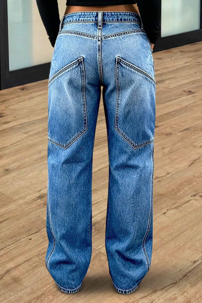 Stitch Detail Straight Leg Mid Waist Jeans Without Belt
