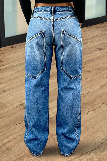 Stitch Detail Straight Leg Mid Waist Jeans Without Belt