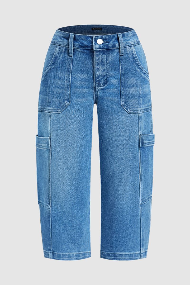 Wash Pocket Side Mid Waist Barrel Leg Capri Jeans Without Belt