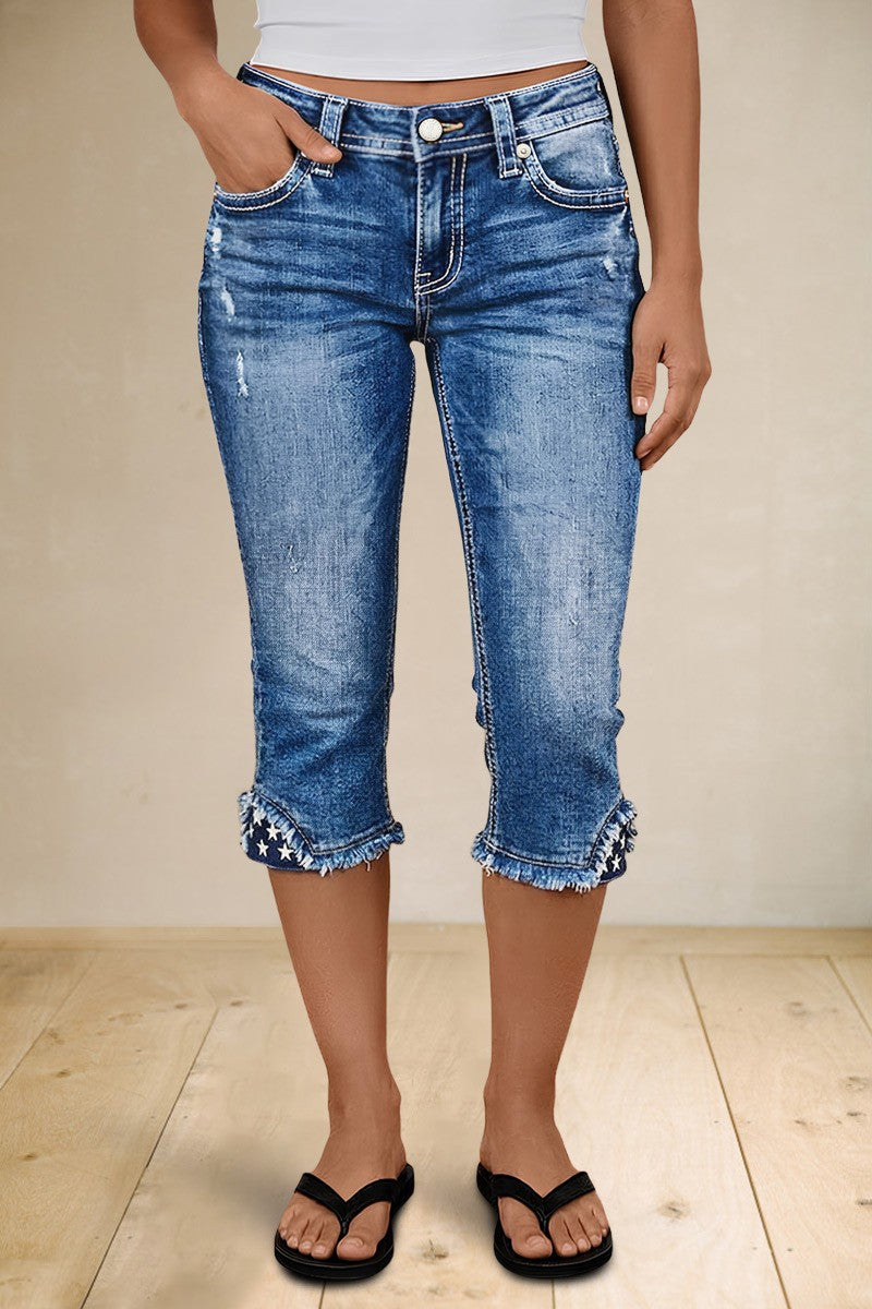 Stripe & Star Embroidery Raw Hem Mid Waist Skinny Capri Jeans