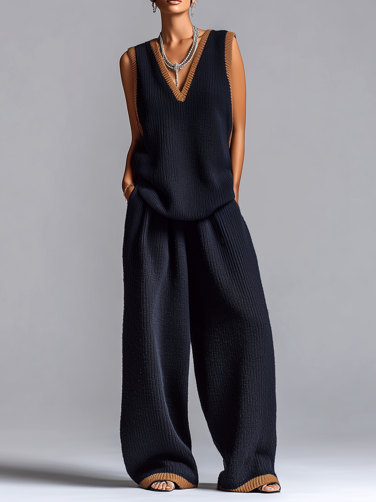 Fashionable Elegant Navy Blue Colorblock V-neck Sleeveless Loose-Fit Vest Wide-Leg Pants Knit Two-Piece Set