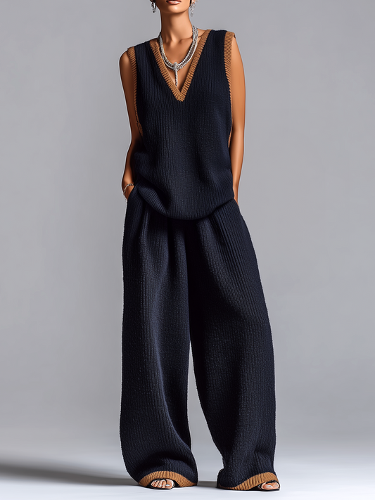 Fashionable Elegant Navy Blue Colorblock V-neck Sleeveless Loose-Fit Vest Wide-Leg Pants Knit Two-Piece Set