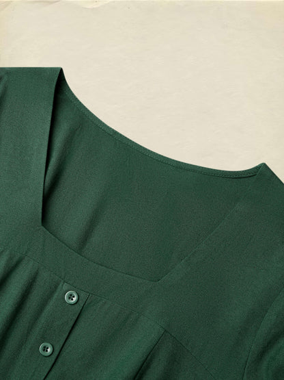 Robe longue en lin, col carré, manches longues, style victorien, mélange de lin, vert
