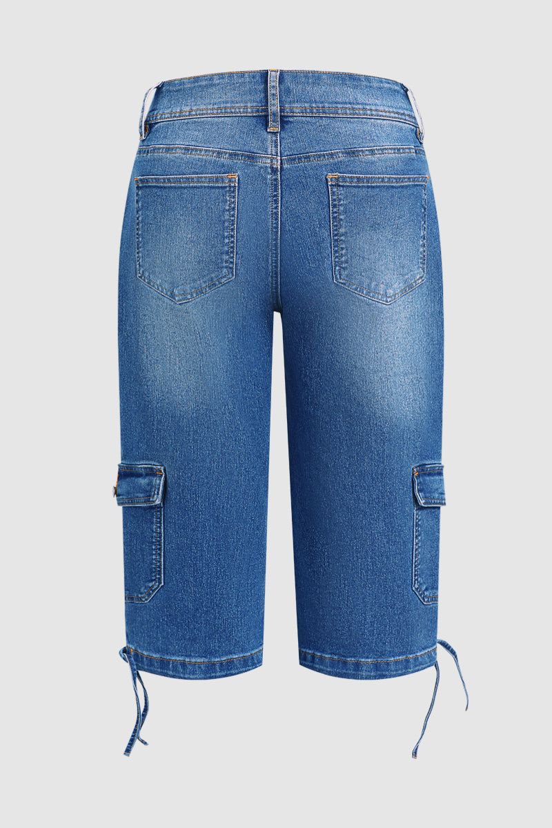 Wash Flap Pocket Drawstring Hem Mid Waist Straight Leg Capri Jeans