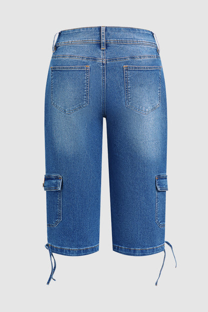 Wash Flap Pocket Drawstring Hem Mid Waist Straight Leg Capri Jeans