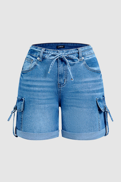 Roll Hem Drawstring Mid Waist Denim Mid Thigh Shorts