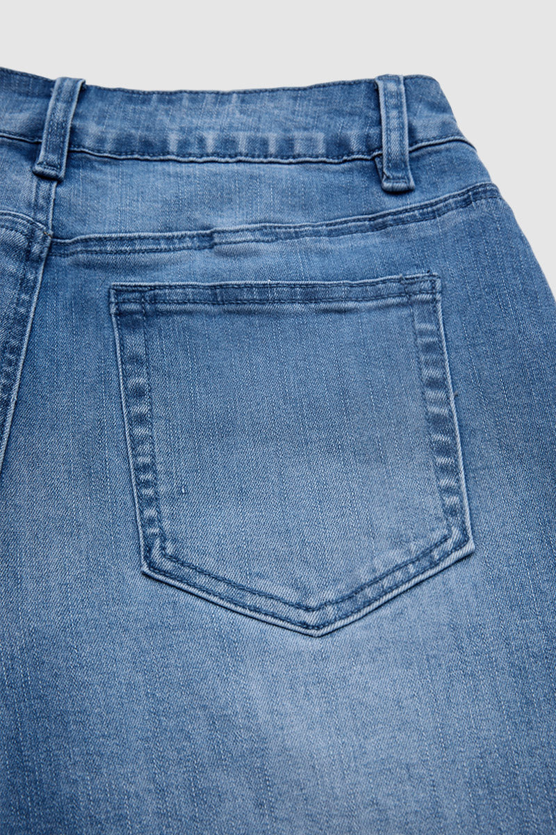 Wash Patch Pocket Raw Hem High Rise Straight Leg Capri Jeans