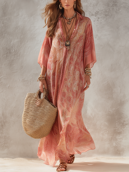 Robe longue fluide à imprimé corail décolleté en V