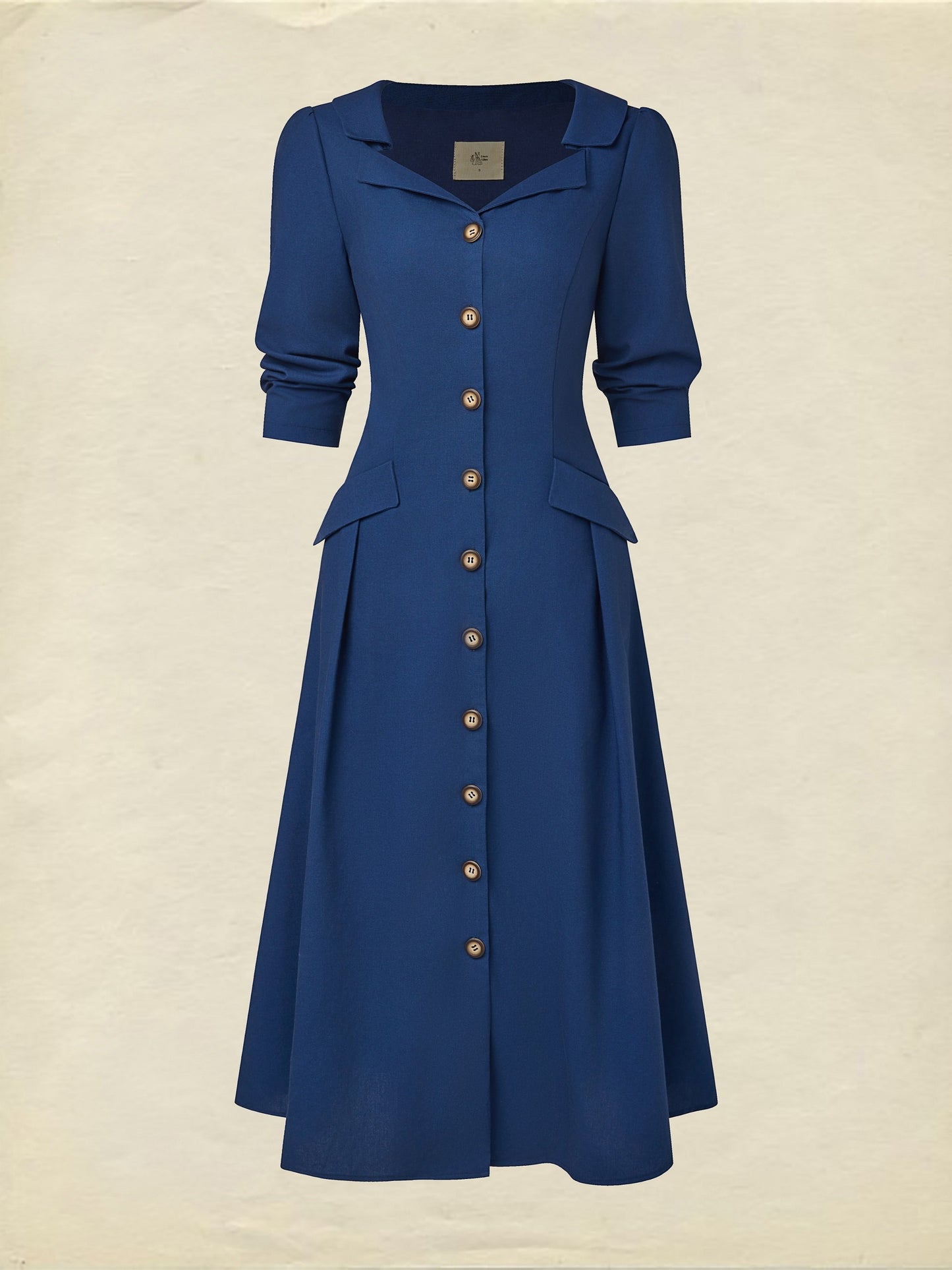 Robe midi en lin, manches courtes, col châle, unie, boutonnée, style vintage, bleu foncé