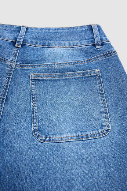 Stitch Detail Button Tab Wide Leg Mid Waist Jeans