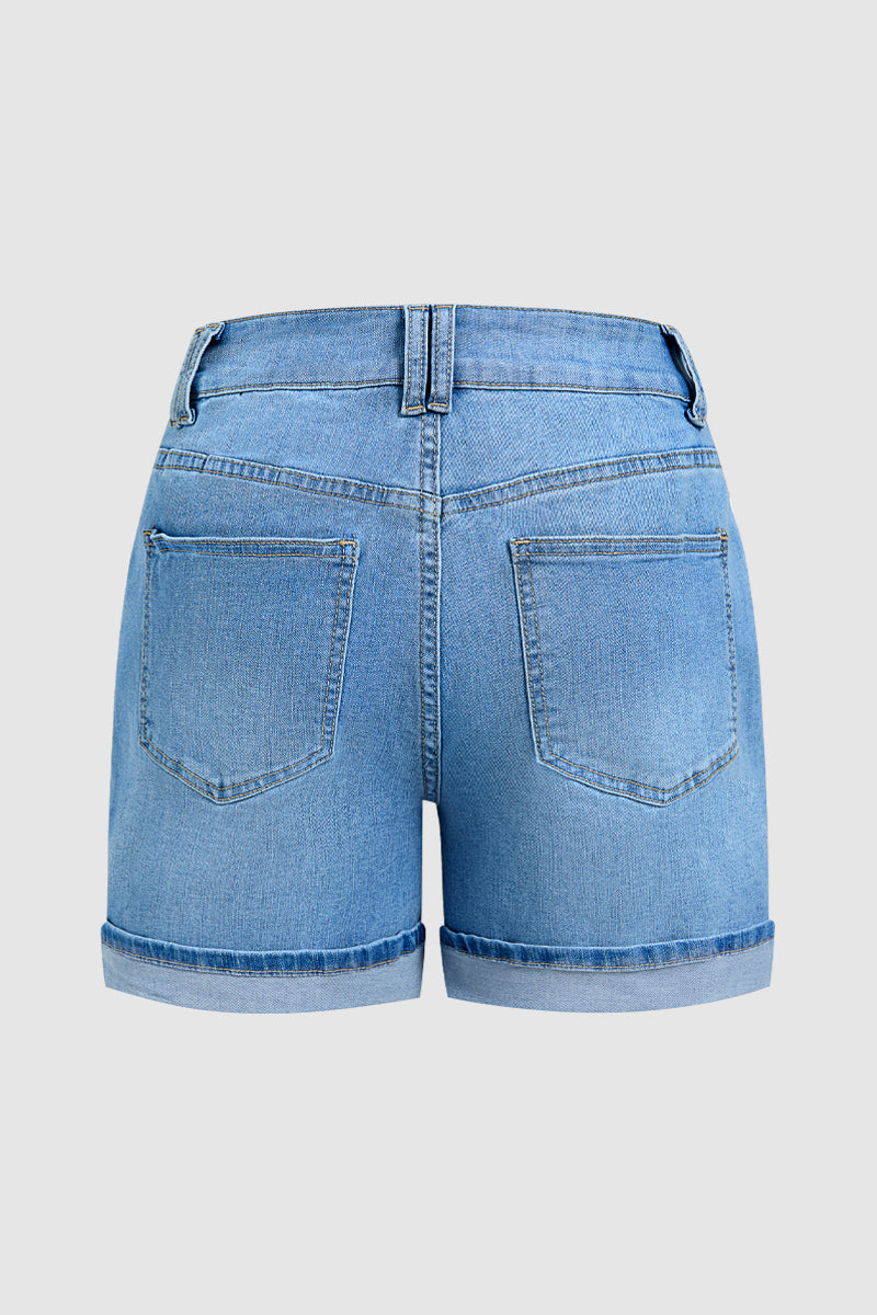 Roll Hem Floral Embroidery Mid Waist Denim Shorts