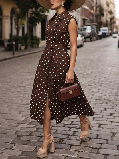 Robe midi en coton, sans manches, col châle, à pois, boutonnée, style vintage français, bleu violacé