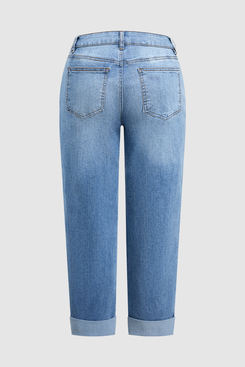 Wash Ripped Roll Hem Mid Rise Straight Leg Crop Jeans