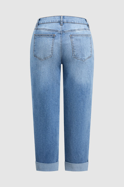 Wash Ripped Roll Hem Mid Rise Straight Leg Crop Jeans