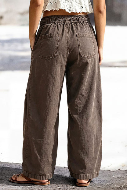 Solid Seam Front Pleated Elastic Back Mid Waist Wide Leg Pants