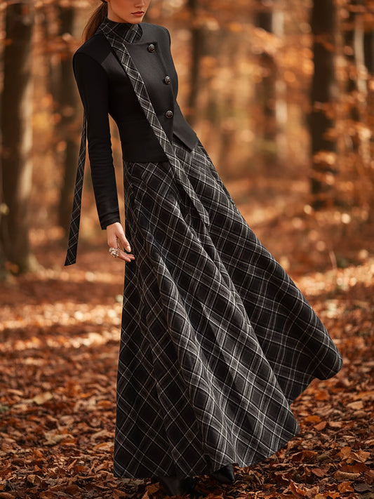 Robe longue en lin, sans manches, col montant, à carreaux, vintage, noire