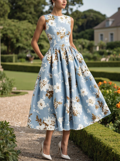(TAILLE:TP-TTG) Robe Midi en Lin, Sans Manches, Col Rond, Fleuri, Poches, Vintage, Bleu