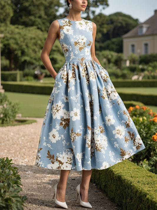 (TAILLE:TP-TTG) Robe Midi en Lin, Sans Manches, Col Rond, Fleuri, Poches, Vintage, Bleu