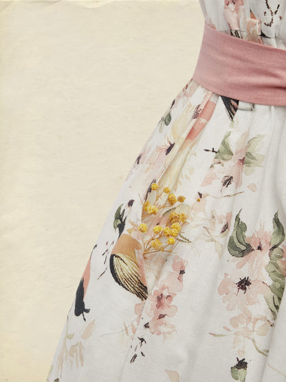 Combinaison en lin, sans manches, col rond, fleuri, boutons décoratifs, vacances, vintage, blanc
