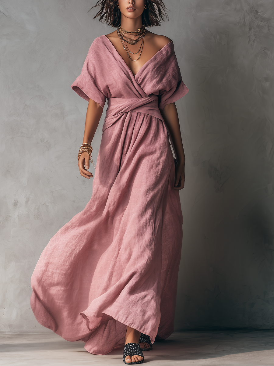 Robe longue élégante portefeuille à col en V avec ceinture