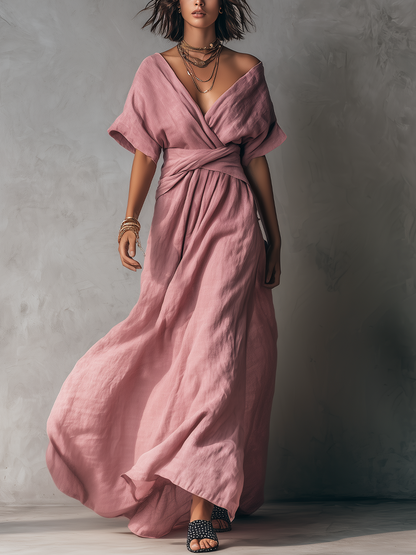 Robe longue élégante portefeuille à col en V avec ceinture