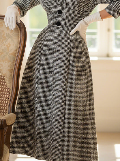Robe midi en laine, manches courtes, col en V, à carreaux, avec ceinture, style vintage, noire