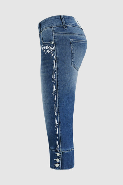 Plant Embroidery Button Decor Mid Waist Skinny Capri Jeans