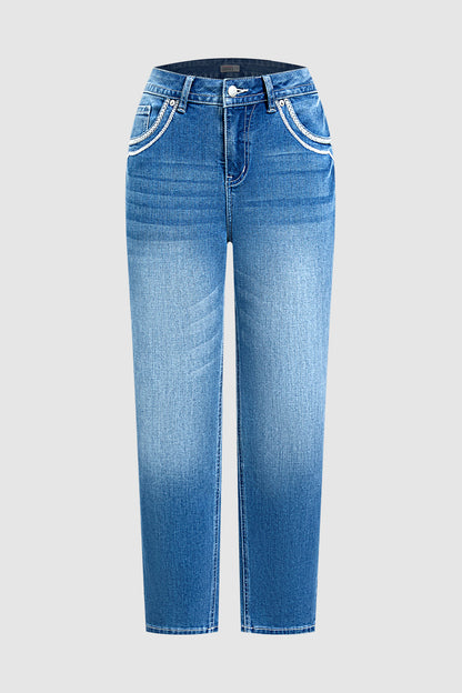 Wash Stitch Detail Mid Waist Straight Leg Jeans