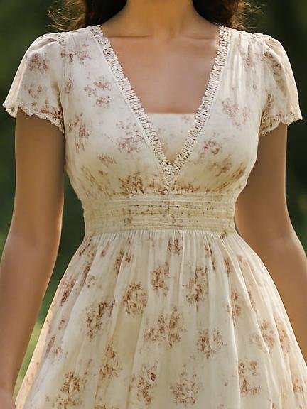 Robe longue en lin, manches courtes, col en V, florale, vintage, abricot