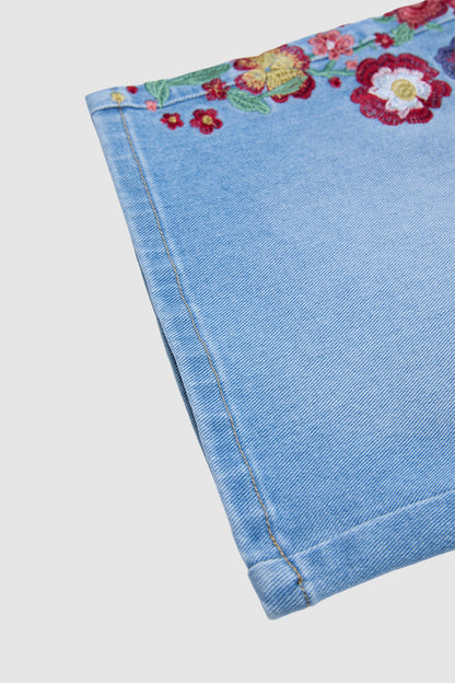 Wash Floral Embroidery Mid Rise Denim Bermuda Shorts