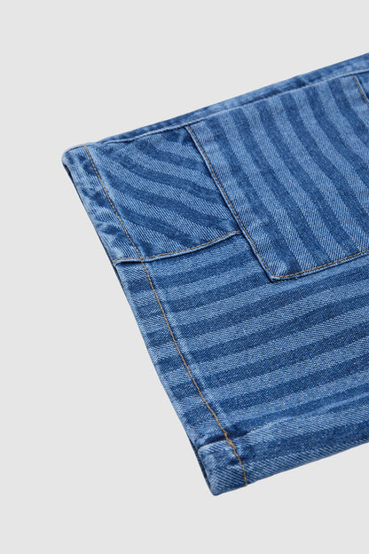 Striped Drawstring Elastic High Rise Denim Bermuda Shorts