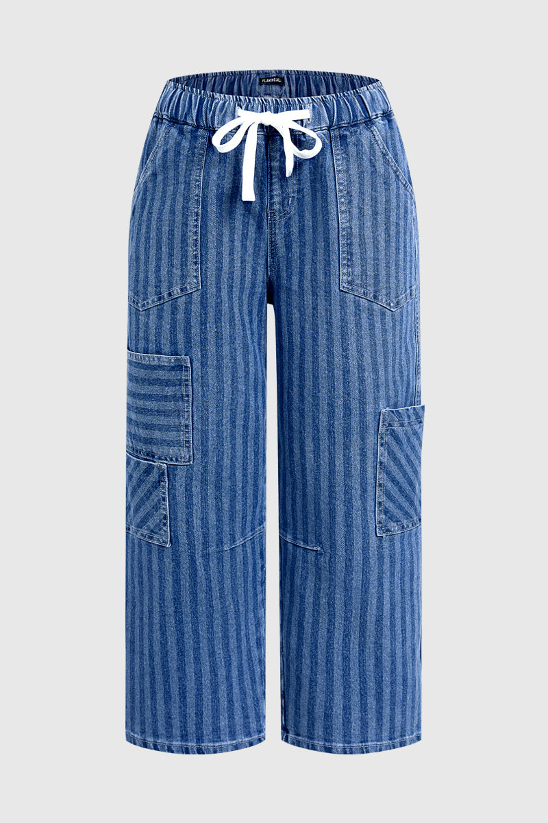 Striped Patch Pocket Drawstring Mid Rise Straight Leg Crop Jeans