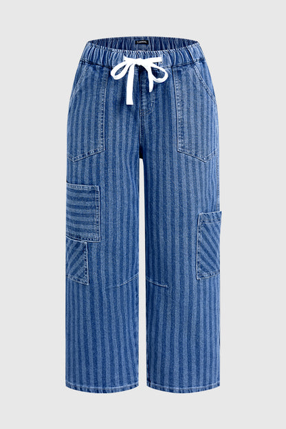Striped Patch Pocket Drawstring Mid Rise Straight Leg Crop Jeans