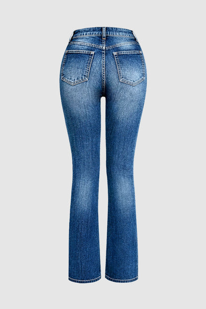 Wash Stitch Detail Mid Waist Bootcut Jeans Without Belt