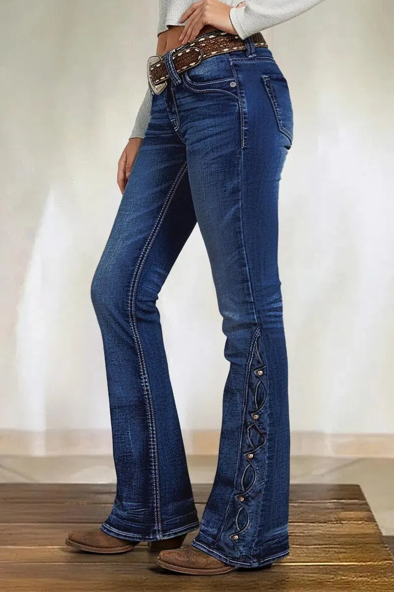 Wash Studded Side Mid Waist Bootcut Jeans Without Belt