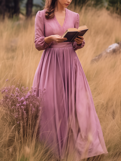 Robe longue en lin, manches longues, col en dentelle, mélange de lin, unie, robe chemise