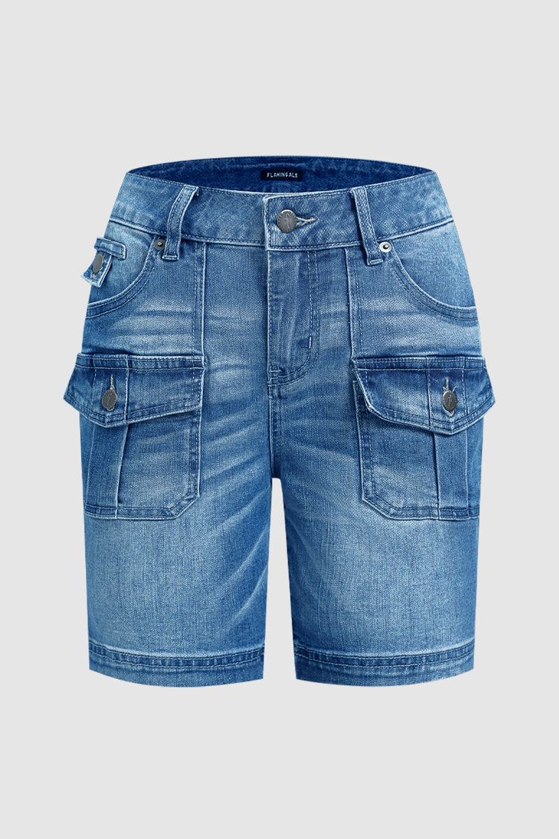 Wash Flap Pocket Mid Rise Mid Thigh Denim Shorts Without Belt