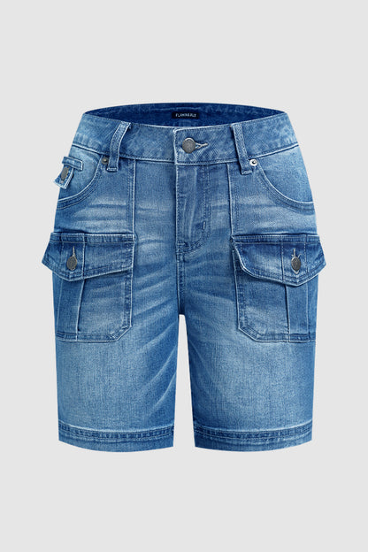 Wash Flap Pocket Mid Rise Mid Thigh Denim Shorts Without Belt