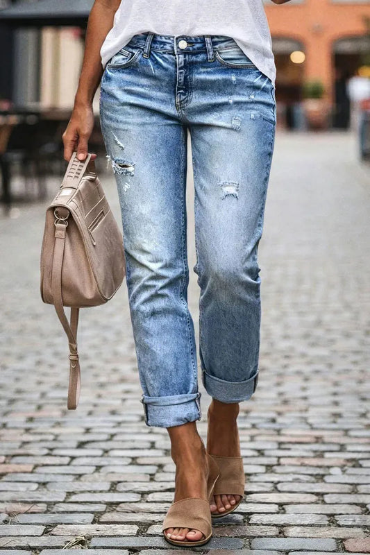 Wash Ripped Roll Hem Mid Rise Straight Leg Crop Jeans