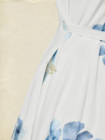Robe longue en coton, sans manches, col carré, à fleurs, avec poches, vacances, vintage, blanc