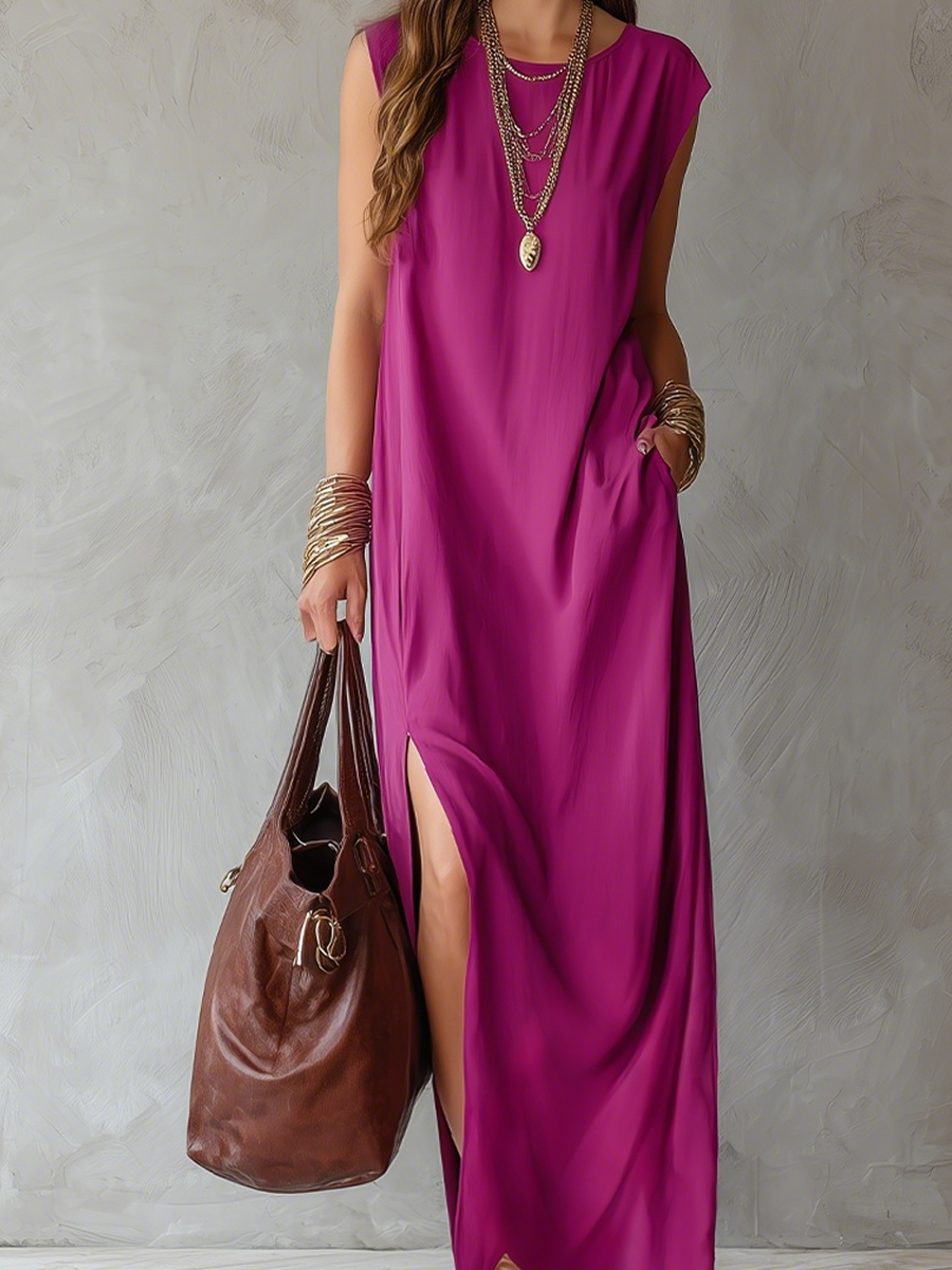 Robe longue sans manches en lin fendue sur le côté rouge violet