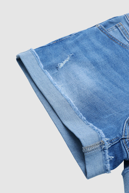 Wash Ripped Roll Hem Dual Button High Rise Denim Shorts