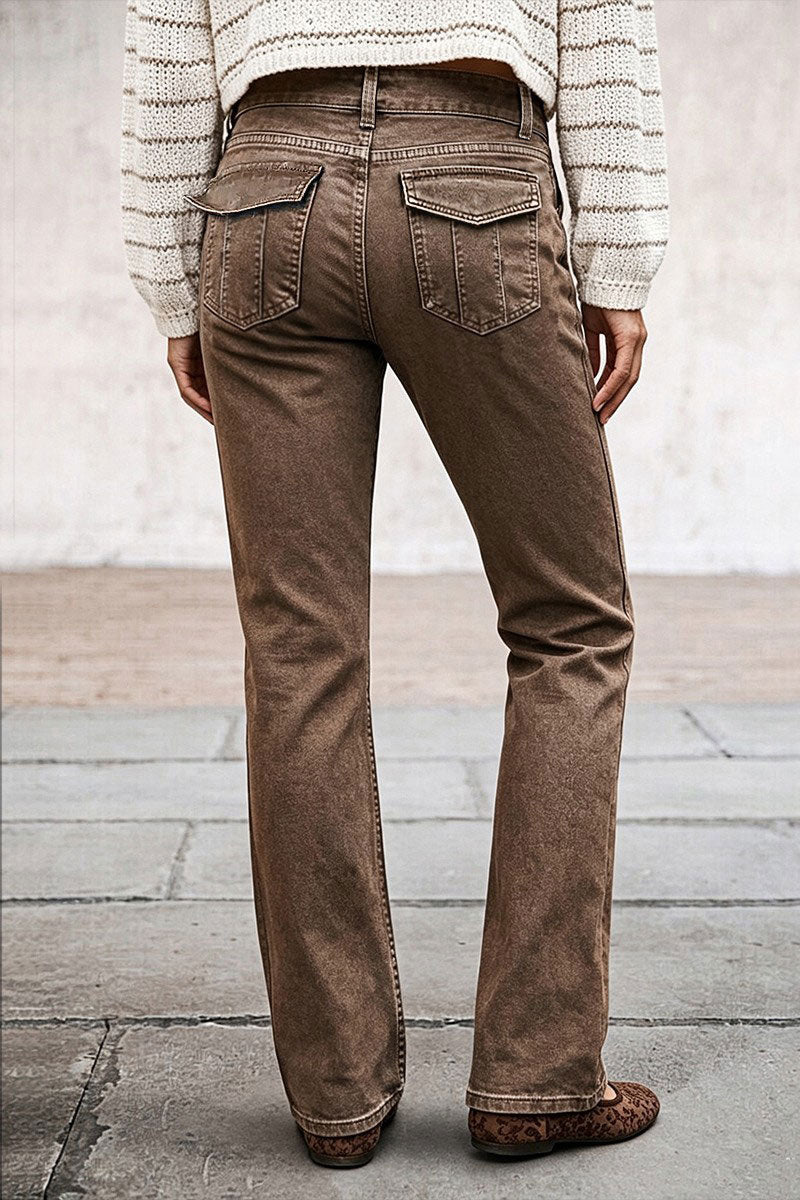 Solid Flap Pocket Mid Waist Straight Leg Pants