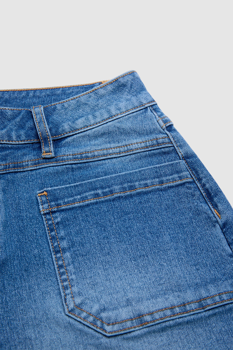 Wash Roll Hem Patch Pocket High Rise Denim Shorts